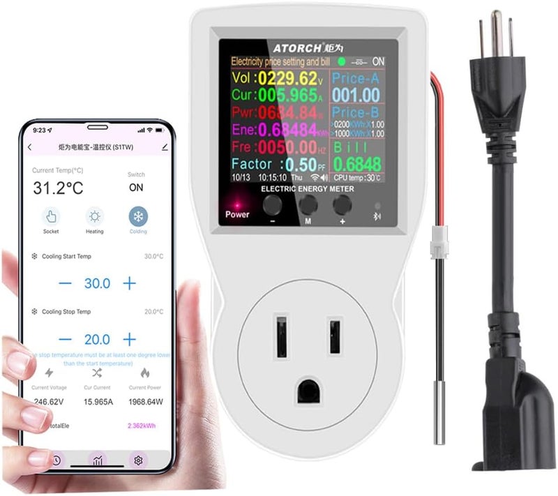 AVHzY AC WiFi Watt Meter, Plug-in US Socket Power Meter, Electricity bill statistics,temperature control,Backlit Large Color Display, Overload Protection,Voltage AMP Tester, Electrical Energy Monitor Timer - Image 1